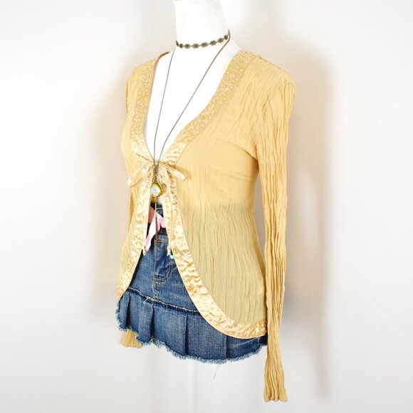 VTG 00s Y2K Kaelyn-Max Cream Yellow Sheer Plisse Pleats Long Sleeve Cardigan - Picture 2 of 8